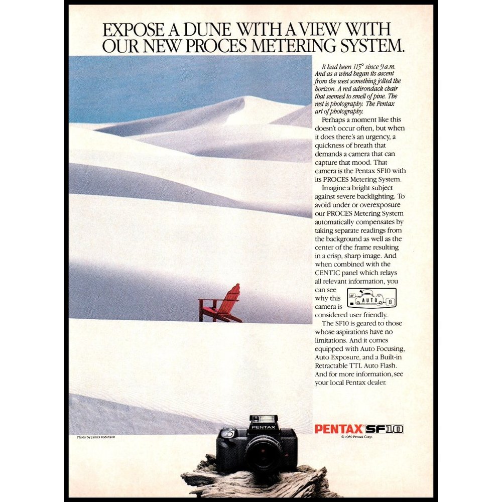 1990 Pentax SF10 Camera Vintage Print Ad Photography Adirondack Chair Sand Art